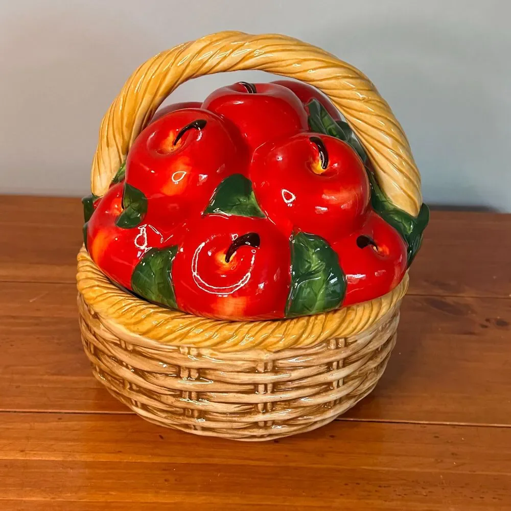 Vintage Ceramic Apple Basket Cookie Jar 1980s Hand Painted Fruit Canister Farmho